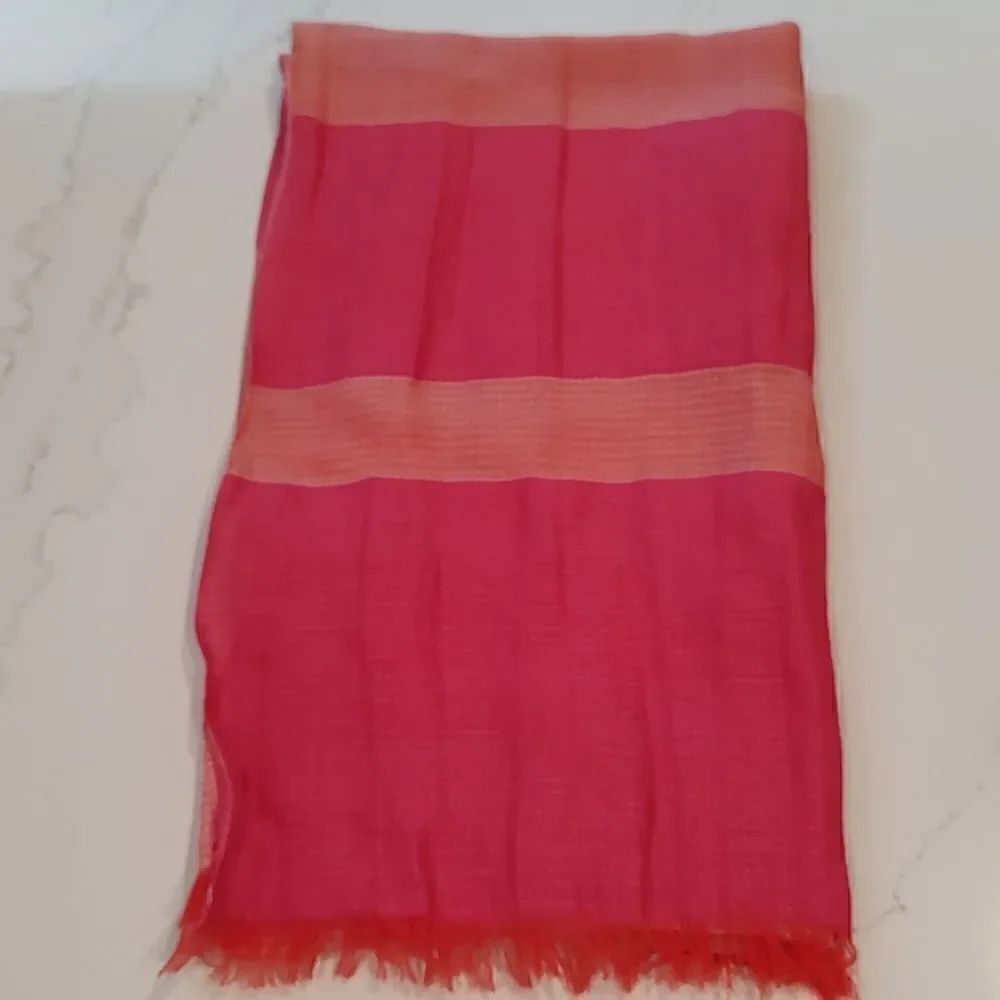 J. Jill Beachy Fringed Striped Linen Blend Wrap Scarf in Pink and Orange